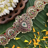 Vriksham Dual Peacock & Floral Precious Kemp Hipbelt-Pearl-Red Green & White-G20491